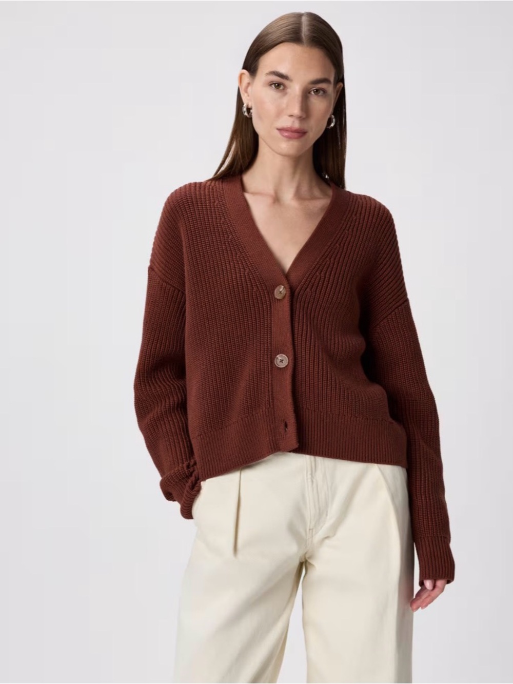 Brown V-Neck Button Cardigan Sweater - Women